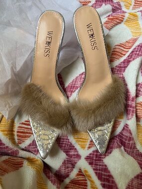 WetKiss Silver Pointed heel with Brown Fur Trim